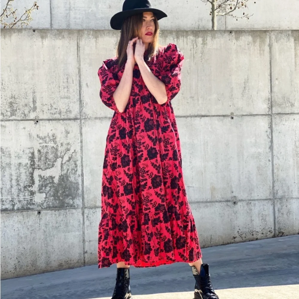 Zara Blogger Maxi Dress Red Floral Embroidered Beaded Sequins Balloon Sleeve NEW - Picture 7 of 12